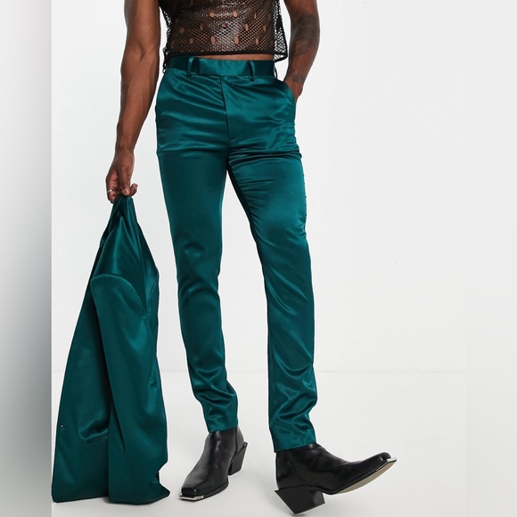 ASOS DESIGN Men’s Tapered Satin Dark Green Pants - Picture 3 of 16